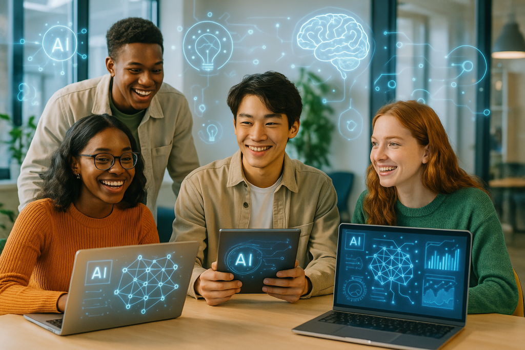 Geração Z Lidera o Uso da IA no Trabalho: Entusiasmo e Ansiedade em Meio à Transformação Digital Jovens profissionais da Geração Z usando inteligência artificial no trabalho e aprendizado