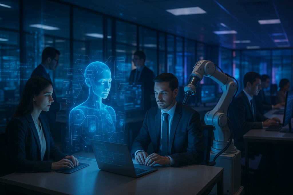 IA e o Futuro do Trabalho: O Caso Amazon e o Que Esperar de 2025-2026 Ambiente futurista mostrando inteligência artificial e força de trabalho humana representando o futuro do trabalho