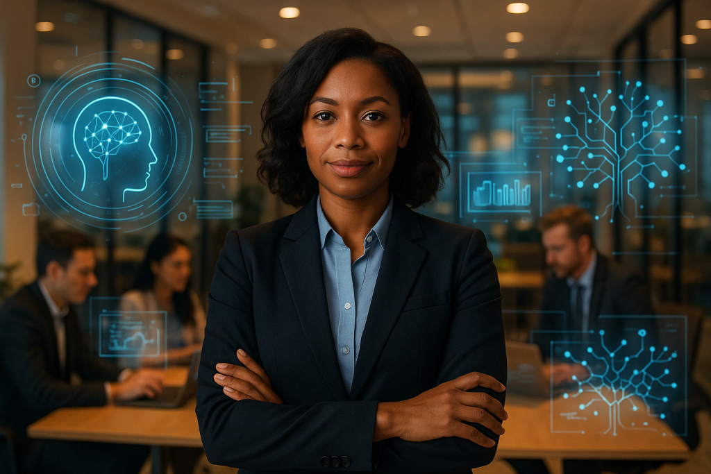 Líder profissional em ambiente moderno com interfaces de IA e redes neurais digitais, representando liderança na era da inteligência artificial