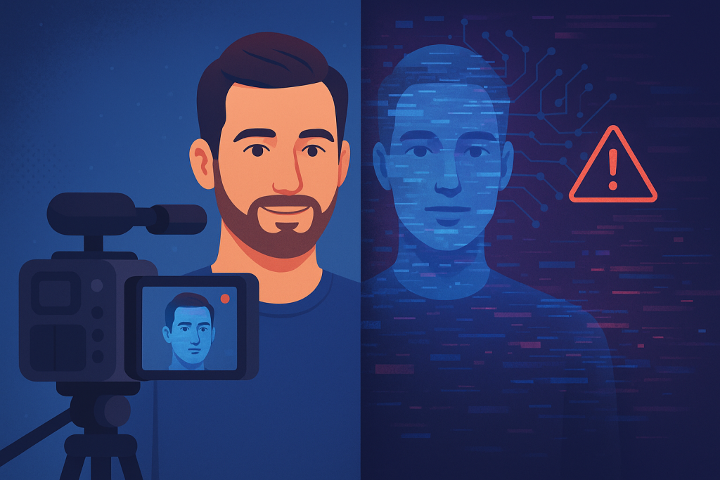 Vídeo Real ou IA? Aprenda a Identificar Deepfakes e Proteja-se Ilustração profissional mostrando o conceito de deepfakes e vídeos gerados por IA, com uma tela dividida mostrando uma pessoa real e sua versão digital gerada por IA.