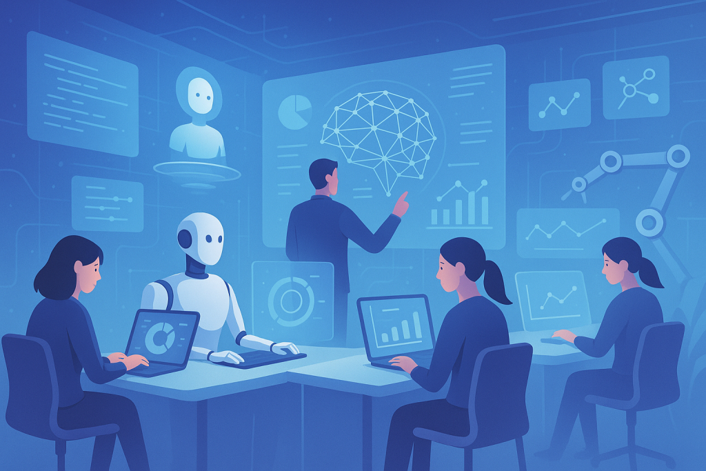 Agentes de IA: A Nova Fronteira do Mercado com Salários de até R$ 27 mil em 2026 Ilustração profissional mostrando a colaboração entre humanos e agentes de inteligência artificial em um ambiente de escritório futurista, com elementos visuais de tecnologia e análise de dados