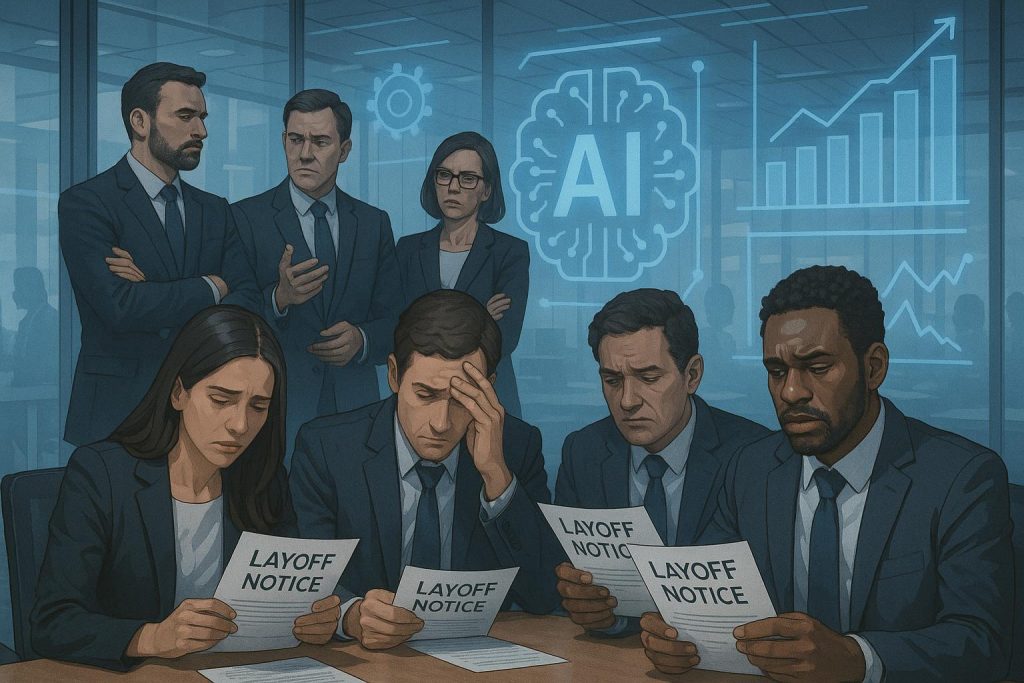 Ilustração mostrando executivos corporativos discutindo demissões enquanto funcionários recebem avisos de desligamento, com símbolos de IA ao fundo