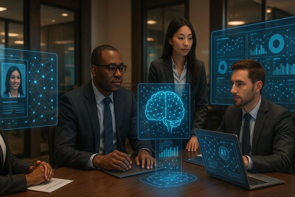 Profissionais de RH trabalhando com inteligência artificial e tecnologia para gestão de pessoas