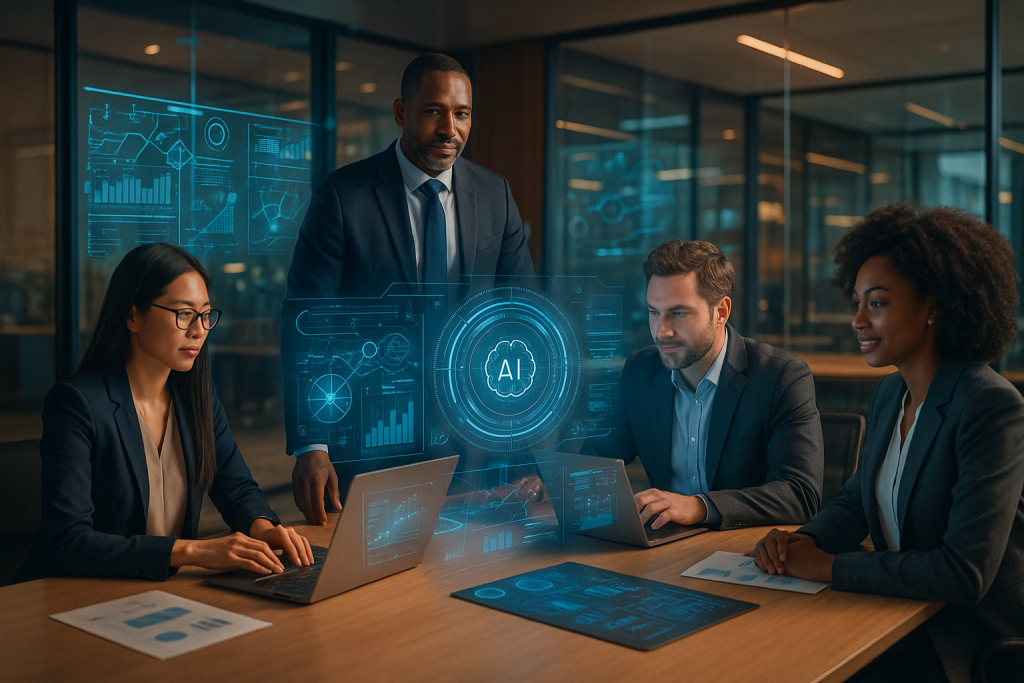 Liderança em 2025: 5 Tendências para Navegar na Era da IA e da Transformação Digital Equipe diversa trabalhando com tecnologia e IA representando liderança moderna em 2025