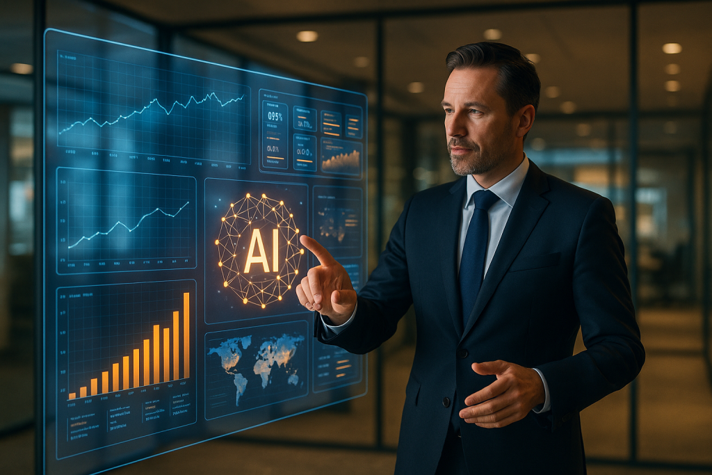 IA para Líderes: 5 Habilidades Essenciais para Não Ficar Para Trás na Revolução Tecnológica Líder empresarial interagindo com interface de inteligência artificial em ambiente corporativo moderno