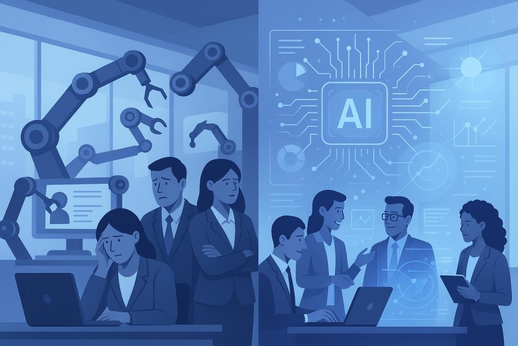 A Dupla Face da IA no Mercado de Trabalho: Carreiras em Risco e Oportunidades para 2026 Ilustração mostrando o impacto da inteligência artificial no mercado de trabalho, com profissionais trabalhando com tecnologia e IA