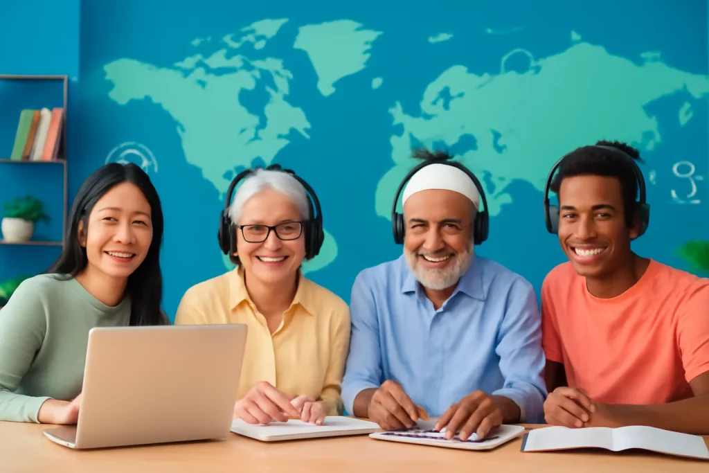 Imagem de capa com pessoas de várias idades sorrindo com fones de ouvido em ambiente moderno de estudo, simbolizando inclusão e oportunidades de aprendizagem gratuita, destacando inscrições abertas curso inglês.