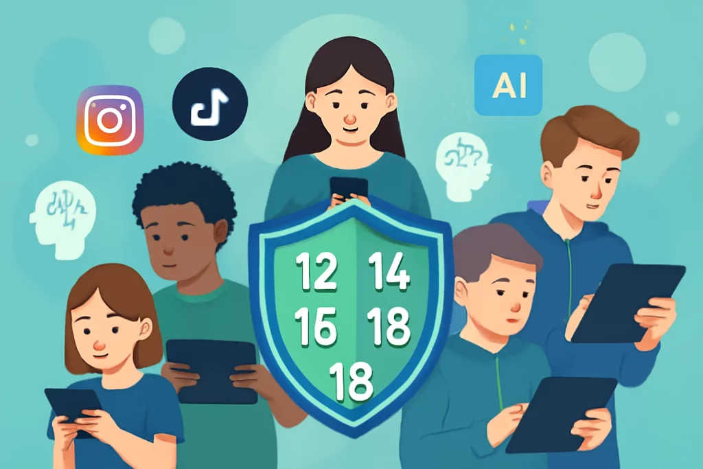 Crianças e adolescentes com smartphones e tablets ao redor de um escudo de proteção digital, ícones de redes sociais e símbolos de IA, cores azul e verde, estilo moderno e clean.