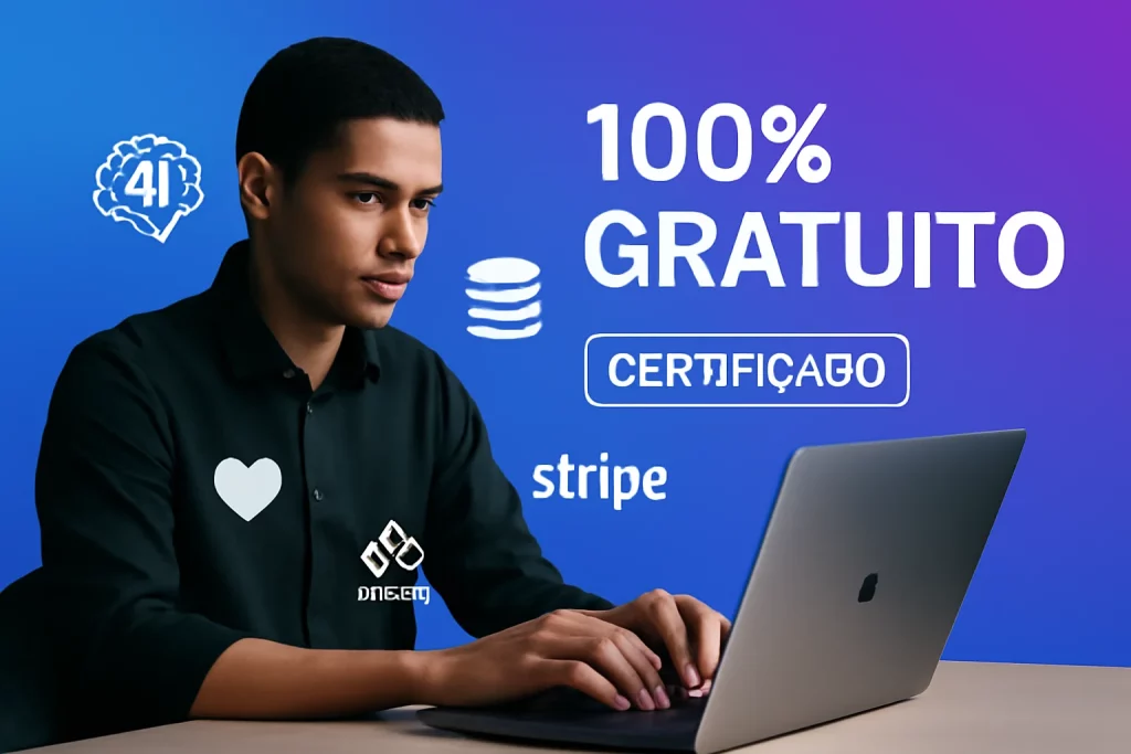 Curso Gratuito Lovable PRO: Crie Produtos com IA sem Programar Imagem moderna de uma pessoa criando produto digital com IA, ícones de Lovable, Supabase, Stripe e no-code em fundo azul e roxo vibrante