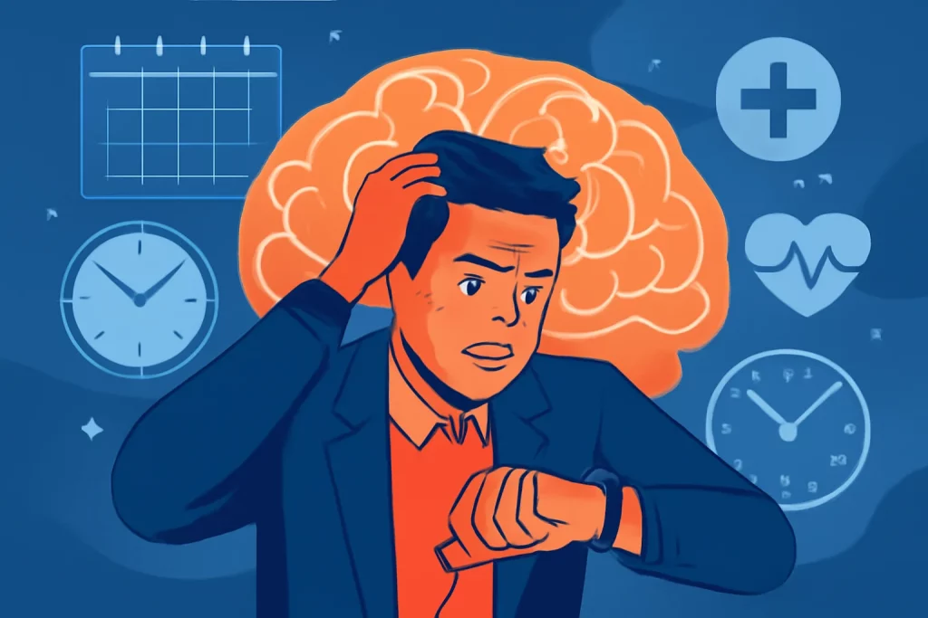 Pobreza Temporal: A Falta de Tempo que Prejudica seu Cérebro Imagem profissional de uma pessoa ansiosa olhando para o relógio, destacando o cérebro e elementos de saúde, representando pobreza temporal.