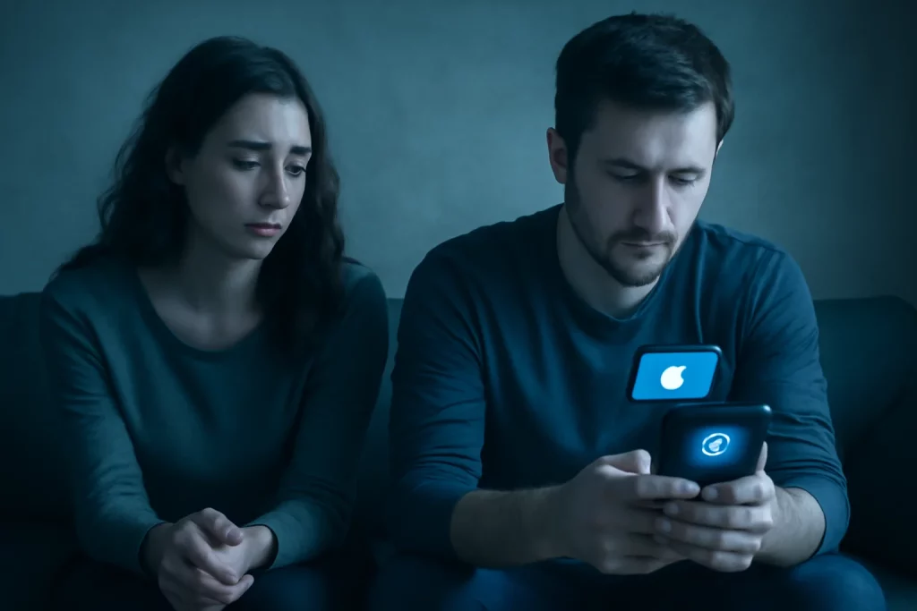 Infidelidade por IA: Quando seu Parceiro se Apaixona por um Chatbot Imagem de casal em crise, com uma pessoa triste olhando o parceiro no smartphone com interface de chatbot de IA em destaque, cores azul e cinza.