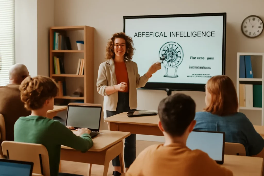 Sala de aula moderna com estudantes usando laptops e professora explicando sobre IA, promovendo curso gratuito fluência domine