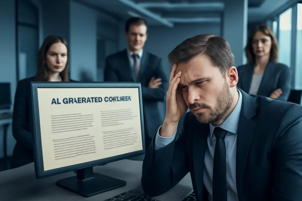 Workslop: O Uso Descuidado de IA que Está Destruindo sua Reputação Profissional Imagem de um profissional frustrado olhando para computador com conteúdo gerado por rascunho automático, colegas ao fundo com expressão de desaprovação, ambiente de escritório moderno
