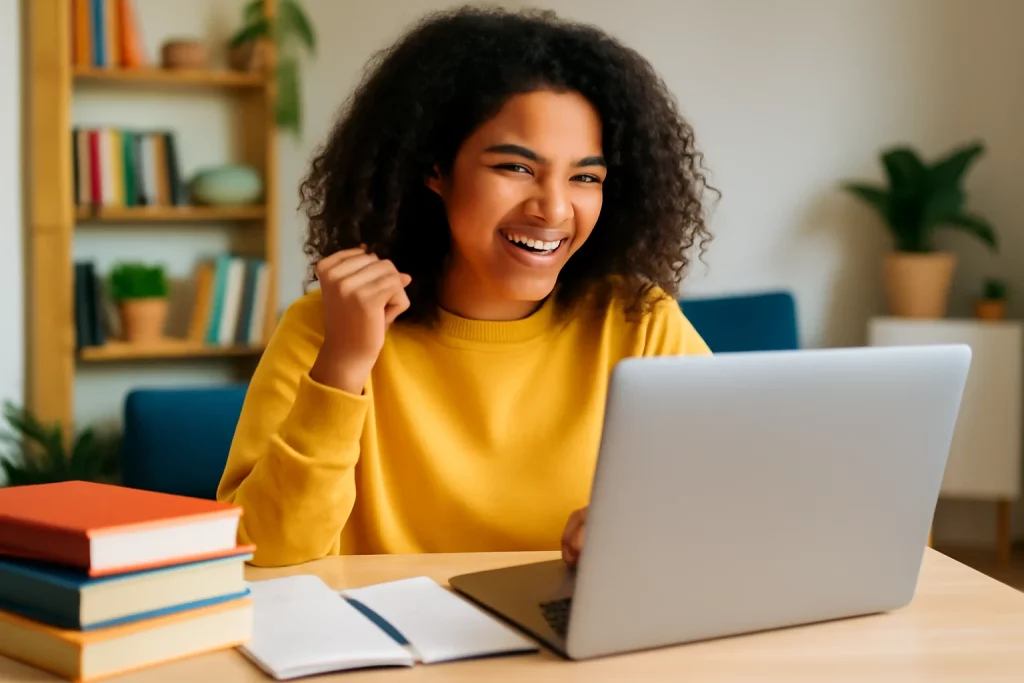 Pessoa jovem sorrindo com laptop em ambiente de estudo, promovendo Black Grátis PVEduca 7 mini cursos gratuitos com certificado