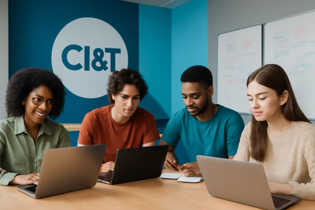 Grupo de jovens estudantes em coworking com laptops e quadros brancos, logo da CI&T ao fundo, destacando bootcamp CI&T 038 T