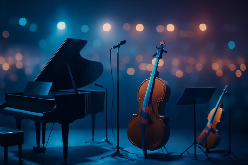 97% dos Brasileiros Não Conseguem Distinguir Música Feita por IA: A Revolução Silenciosa Cena de concerto com instrumentos clássicos, luzes azuladas e tons quentes, ilustrando '97 brasileiros não conseguem' distinguir música de IA