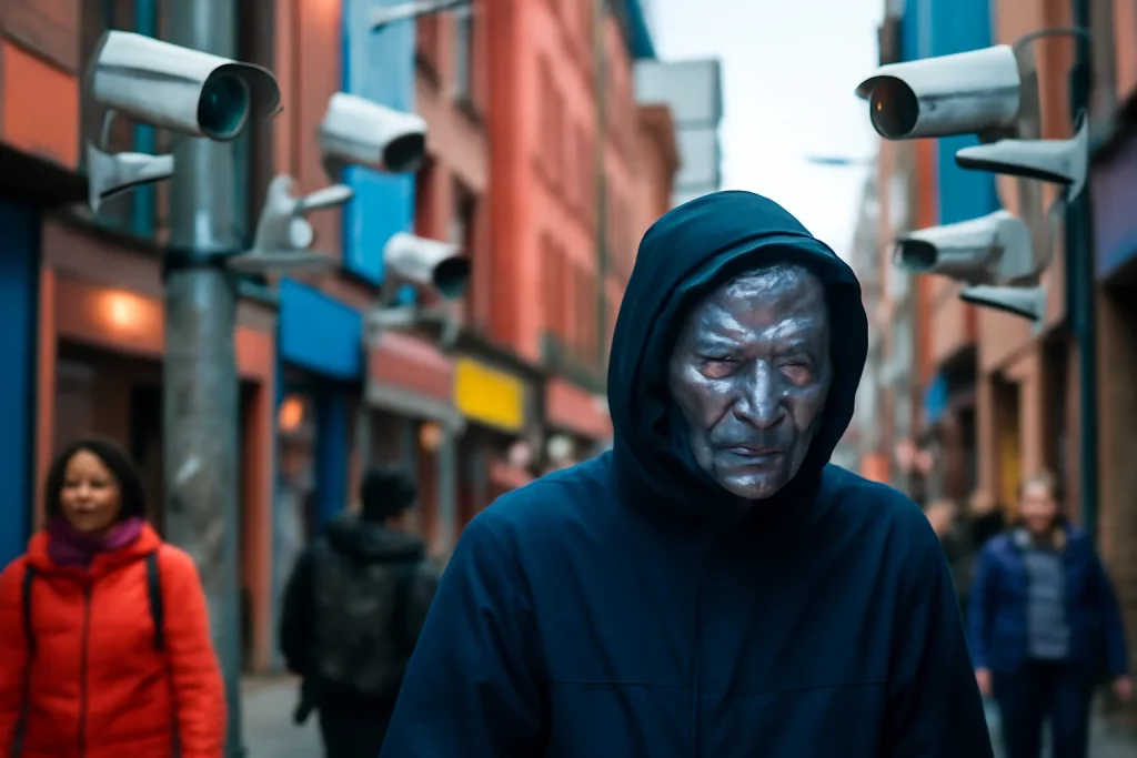 Pessoa com máscara transparente bloqueia reconhecimento facial em rua vibrante com câmeras visíveis