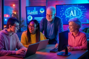 Grupo de pessoas em coworking com tecnologia e gráficos de IA, destacando rascunho automático