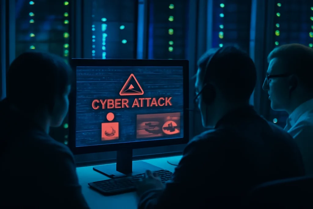 Sala de servidores com equipe de especialistas monitorando ataques usando 250 documentos maliciosos