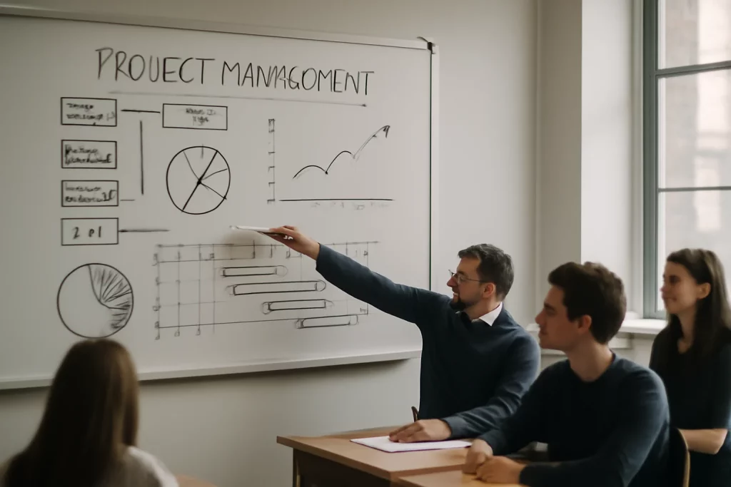 Curso Gratuito de Fundamentos da Gestão de Projetos: Aprenda as Bases do Sucesso Profissional Sala de aula com professor apontando para quadro cheio de gráficos de gestão de projetos, estudantes atentos, iluminação natural, cores sóbrias. Curso gratuito fundamentos gestão.