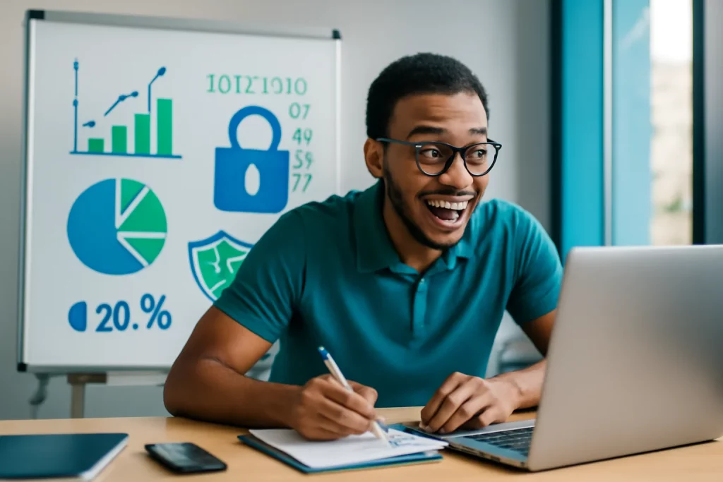 🔐 HOJE! Curso LGPD Descomplicada: Aulas Práticas e Certificado Gratuito às 19:30! Profissional de tecnologia animado com laptop e anotações, em ambiente de aprendizado com gráficos e símbolos de segurança de dados, em cores vibrantes e iluminação natural.