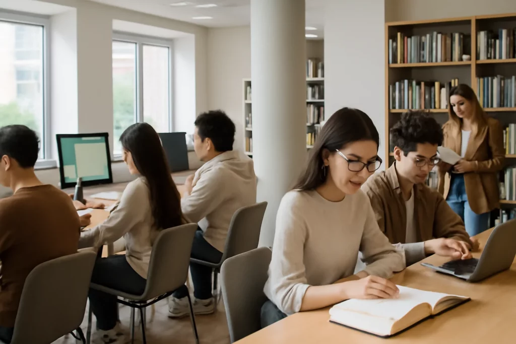 🧠 Estudo com 10 Mil Pessoas Revela: ChatGPT Gera Conhecimento Mais Superficial que Google Cena de sala de estudo com alunos usando computadores e livros, destacando rascunho automático