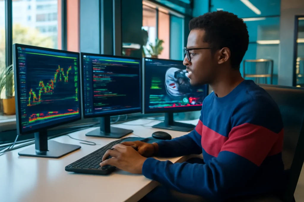 Pessoa em escritório moderno usando computador com múltiplas telas, visualizando gráficos e códigos, destacando rascunho automático