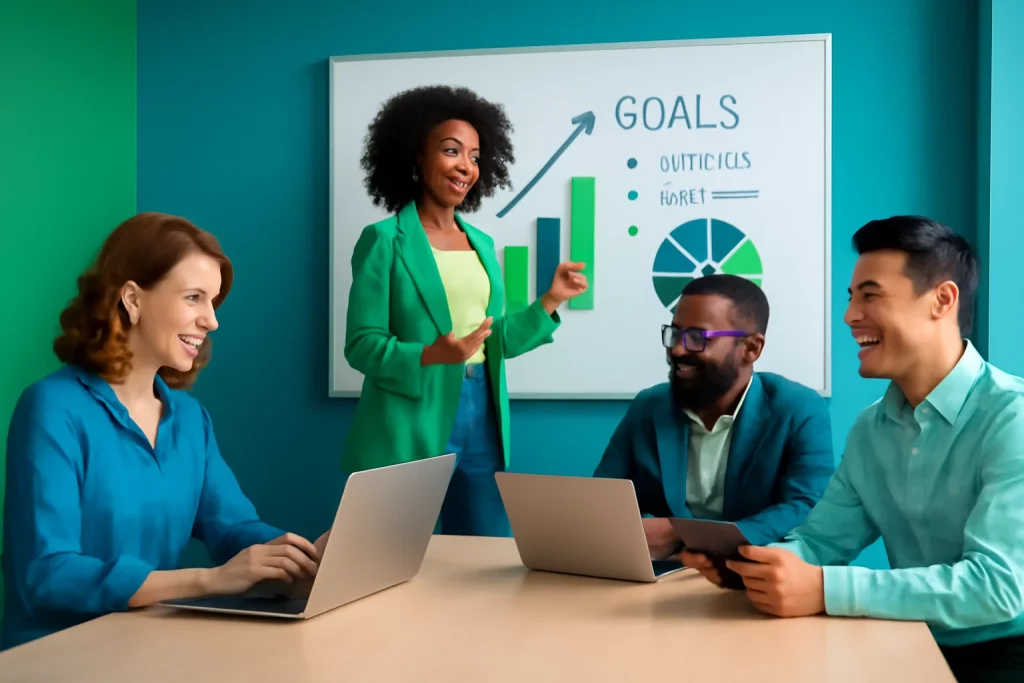 🚀 Curso OKRs na Prática: Estratégia Ágil de Alto Desempenho (Grátis + Certificado) 🚀 Equipe de profissionais em sala de reunião moderna usando laptops com quadro de metas, promovendo curso OKRs prática estratégia