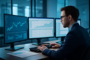 Profissional de finanças concentrado em computador com telas exibindo gráficos SAP, promovendo curso gratuito SAP FI