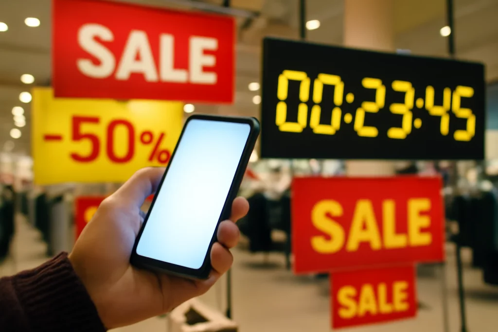 🚨 ÚLTIMA CHAMADA: Black Friday PVEduca Chega ao Fim! Cursos com Até 90% OFF e Acesso Vitalício! Pessoa segurando smartphone com banner de descontos Black Friday, loja vibrante com contagem regressiva em destaque