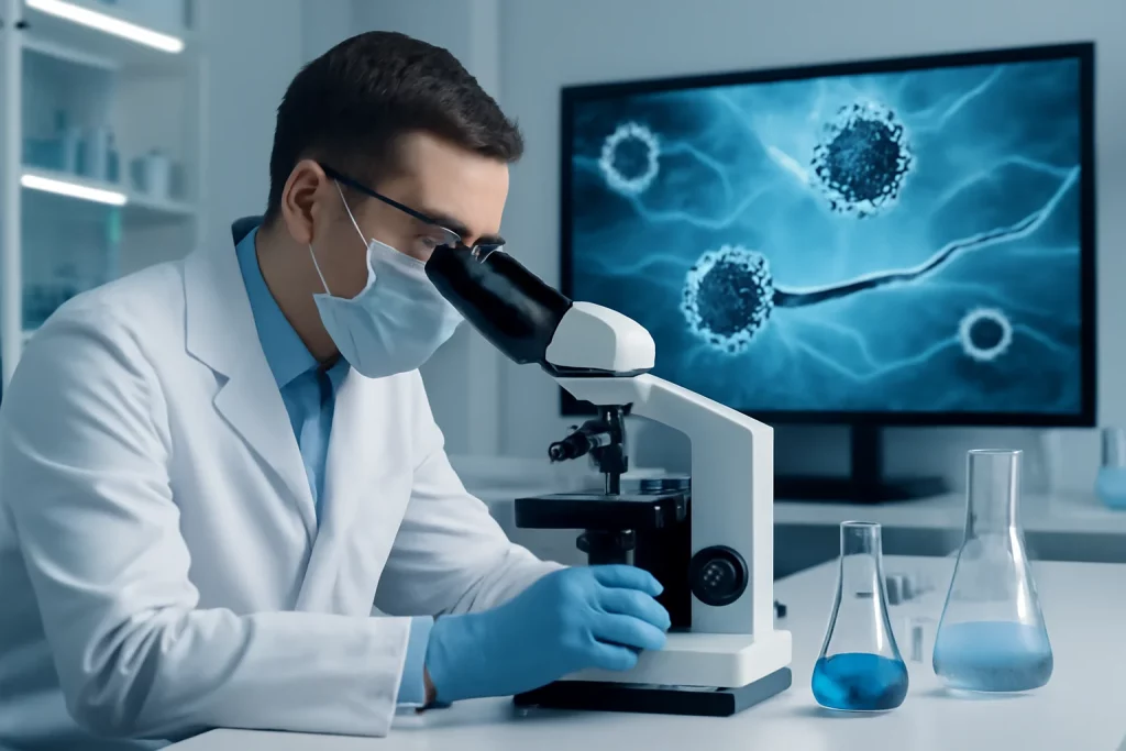 Profissional de saúde em laboratório com tela mostrando microrrobôs navegando no corpo humano