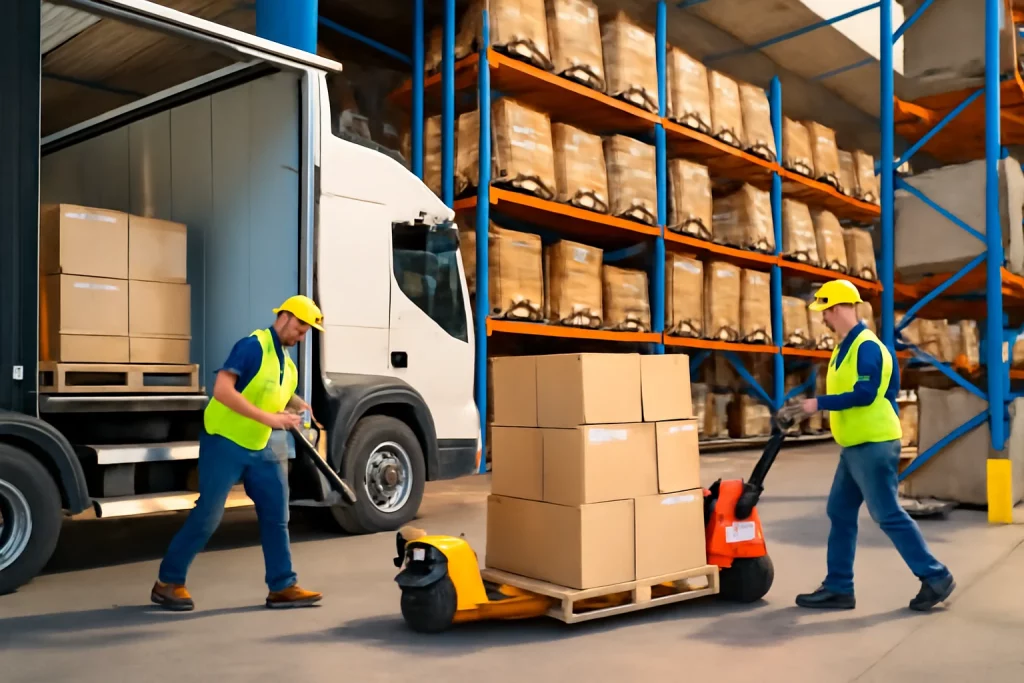 Cena de logística com caminhão, trabalhadores e prateleiras cheias de caixas, ilustrando o curso fundamentos logística material