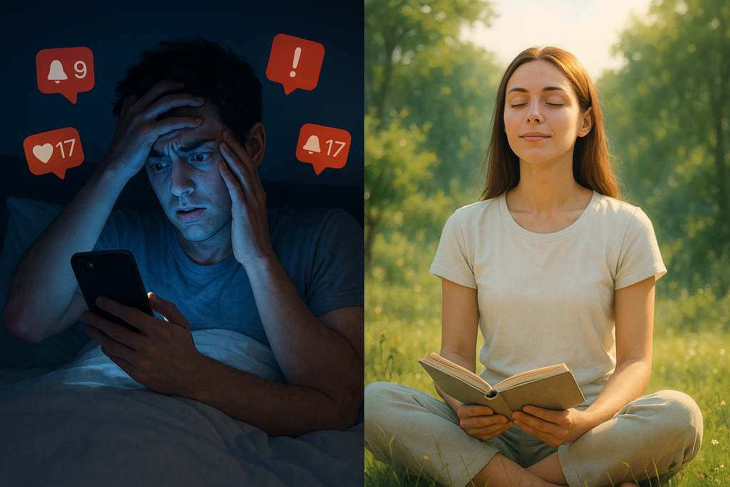 O Paradoxo do Descanso na Era Digital: Por que “Não Fazer Nada” Virou Sinônimo de Estresse? Pessoa relaxando longe do celular - descanso e bem-estar na era digital