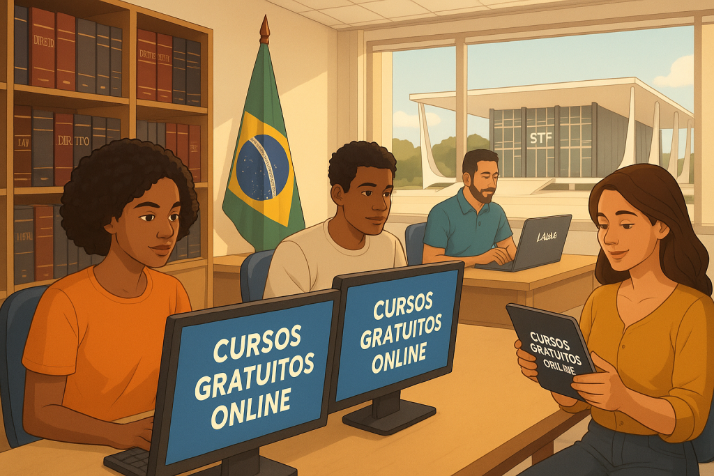 Estudantes acessando cursos gratuitos online do STF Educa - plataforma de capacitação do Supremo Tribunal Federal