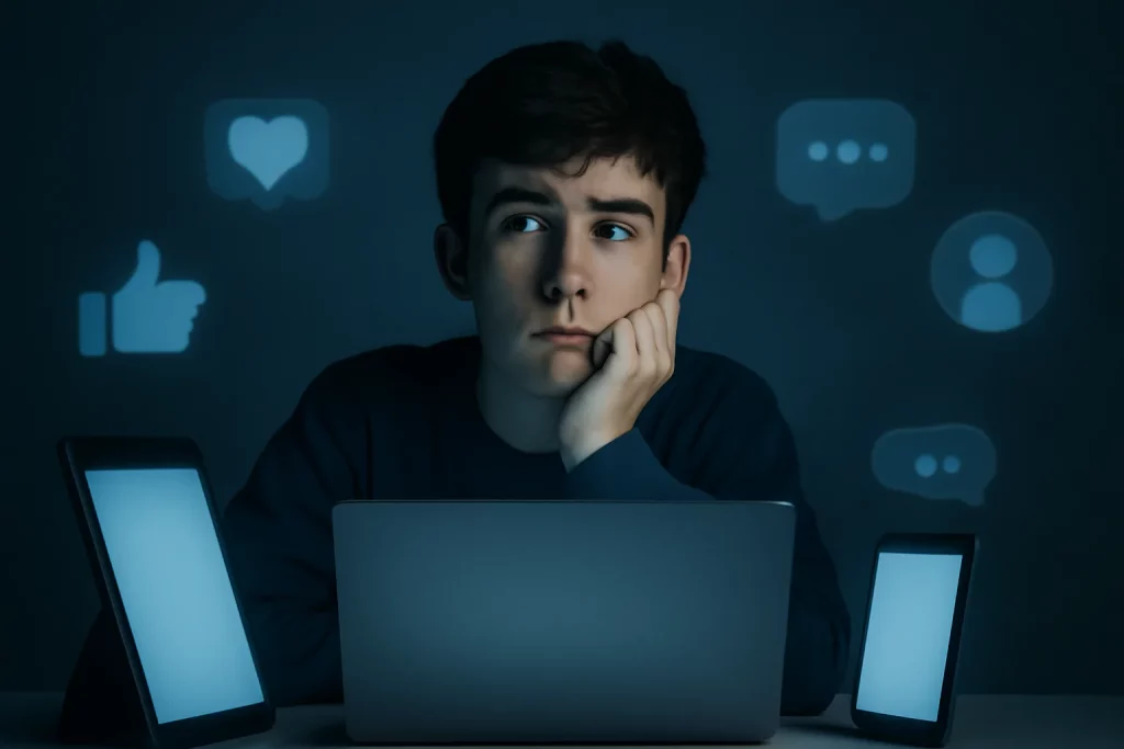 Adolescente pensativo cercado por telas e ícones de redes sociais, simbolizando restrição na Austrália