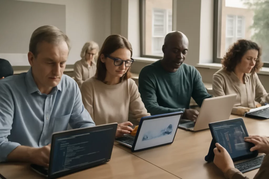 Imagem de uma sala de aula moderna com profissionais usando laptops e tablets focados, promovendo o curso inteligência artificial grátis