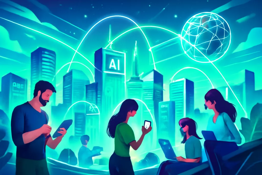 Cidade moderna com tecnologia, linhas de energia luminosa e pessoas com dispositivos digitais, simbolizando o mercado global IA deve crescer exponencialmente.