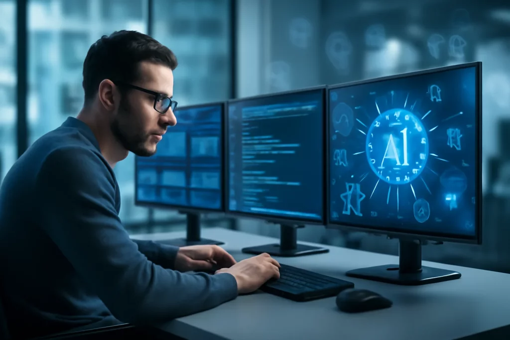 Profissional concentrado em escritório moderno usando computador com telas exibindo gráficos, códigos e IA, iluminação natural e ambiente tecnológico