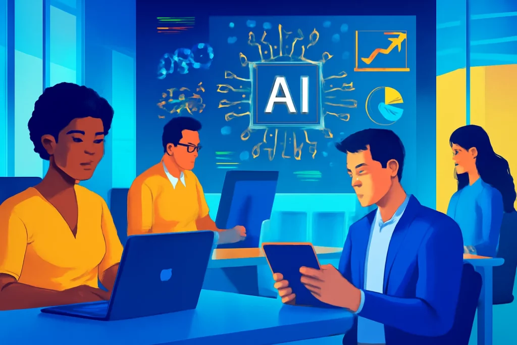 đ 5 Motivos para VocĂȘ Fazer o Nosso Curso Gratuito de InteligĂȘncia Artificial (e Sair na Frente!) Cena de escritĂłrio moderno com profissionais usando computadores e tablets, sĂmbolos de IA em destaque, cores vibrantes azul e amarelo.