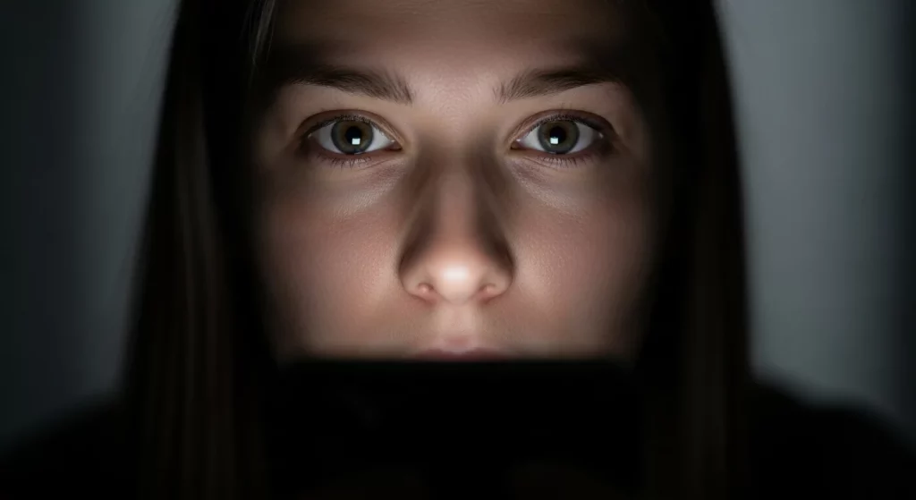 📱 Você Checa o Celular 110 Vezes por Dia? Estudos Revelam o Impacto Alarmante Desse Hábito Close-up de rosto humano fascinado pelo celular, refletindo o impacto do hábito de checar o celular 110 vezes por dia