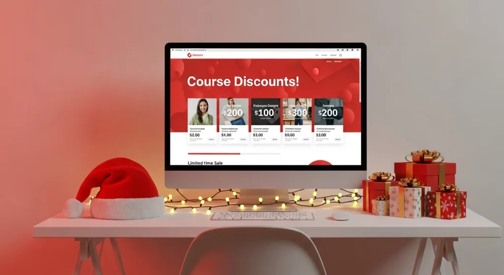 🎄 Ofertas de Natal Zante Academy: Cursos com Até 80% OFF e Acesso Vitalício! Renderização 3D realista de tela de computador exibindo ofertas natal Zante Academy com decorações natalinas