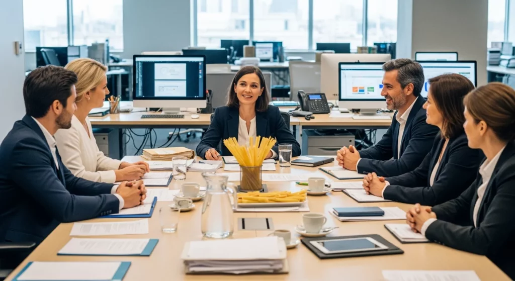 Cena de escritório com psicóloga e gestores discutindo, detalhes tecnológicos, ambientação de workshop gratuito nr 1