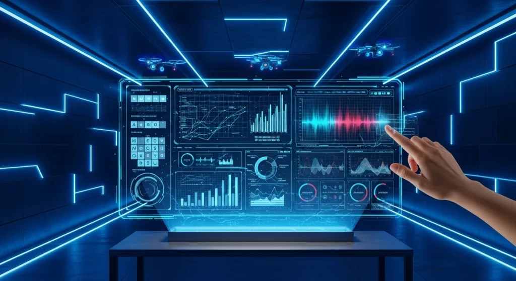 Imagem de ambiente de escritório futurista com painel holográfico e elementos tecnológicos, representando ia processos seletivos 79