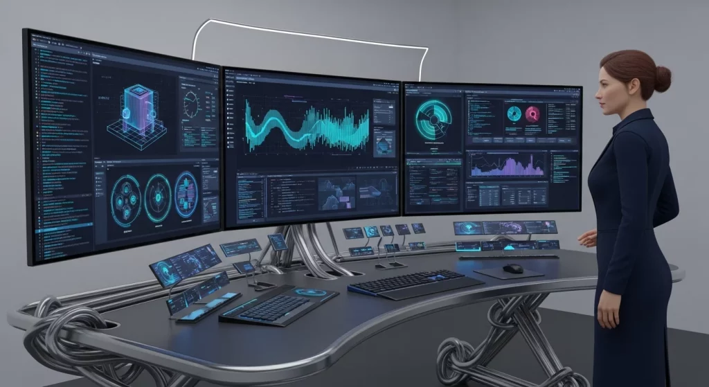 Cena de uma estação futurista com assistente de IA manus inteligência artificial que interagindo com gráficos em holograma