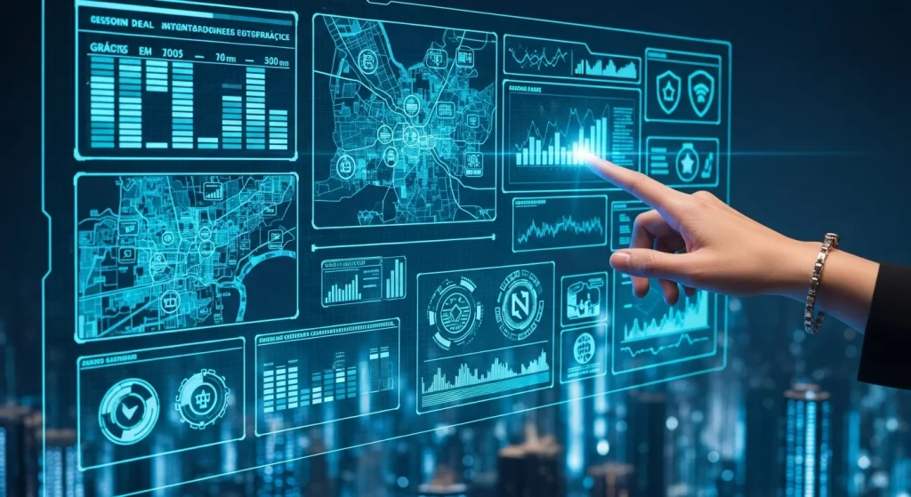 Painel futurista de controle com interfaces holográficas, gráficos e ícones de segurança, simbolizando o curso gratuito compliance inteligência.