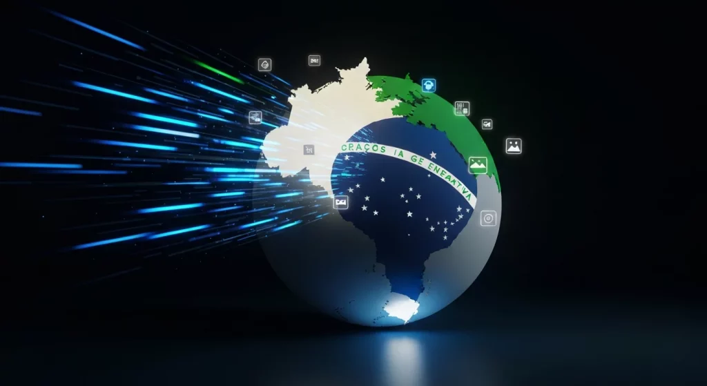 Cena 3D realista de um globo destacando o Brasil, com destaque para IA generativa Brasil e conexões digitais