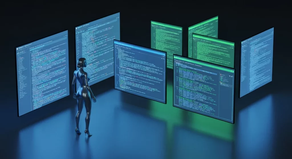 Visual do Manus 1.6 que chegou, mostrando espaço moderno com agente IA futurista ao lado de telas interativas.