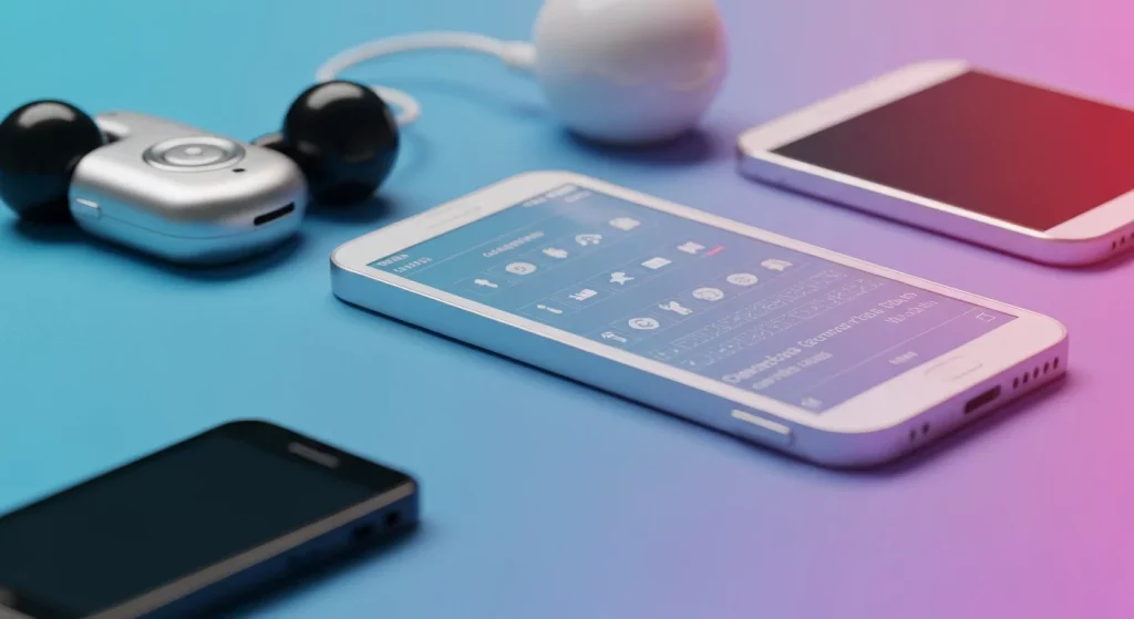 Imagem de uma mesa moderna com tela mostrando interações humanas autênticas e objetos tecnológicos, transmitindo confiança e autenticidade.