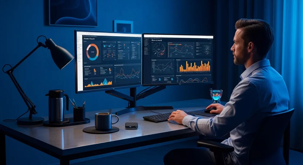 Cena realista de um ambiente de trabalho com duas telas de Power BI, profissional interagindo com gráficos, iluminação moderna, destaque ao aulão gratuito power bi