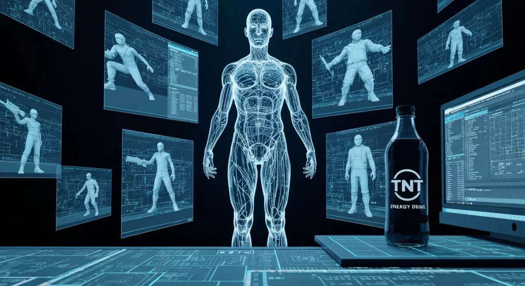 Cena de renderização 3D de desenvolvimento de games, com figura estilizada e garrafa de TNT Energy Drink